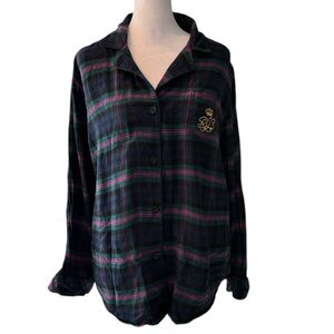 Lauren Ralph Lauren Black Label Womens Plaid Pajama Top‎ Flannel Logo Pink Large